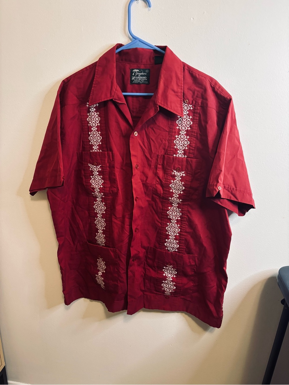 Guayabera by Haband of Patterson XL Short Sleeve Button Shirt Dk Red Vintage